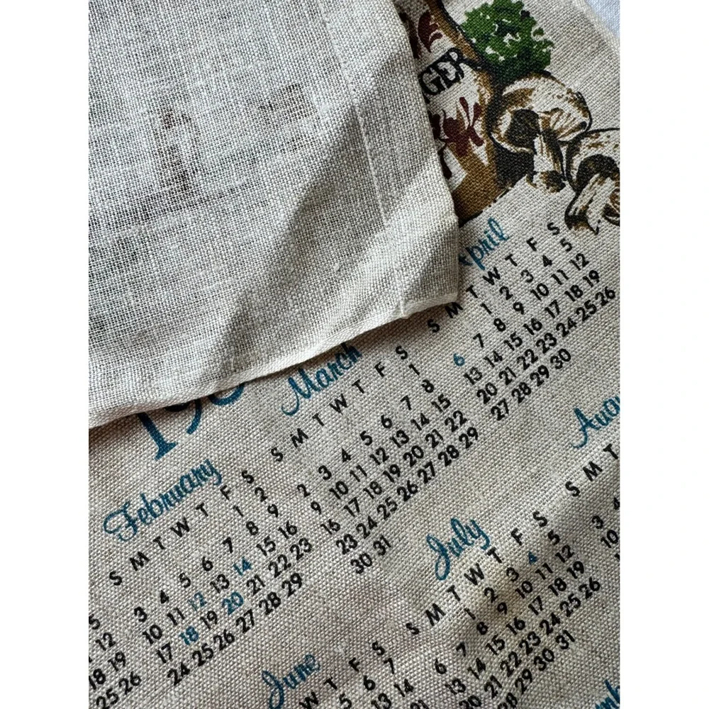 Vintage 1980 Linen Calendar Tea Towel Rustic Kitchen Cottagecore Wall Hanging